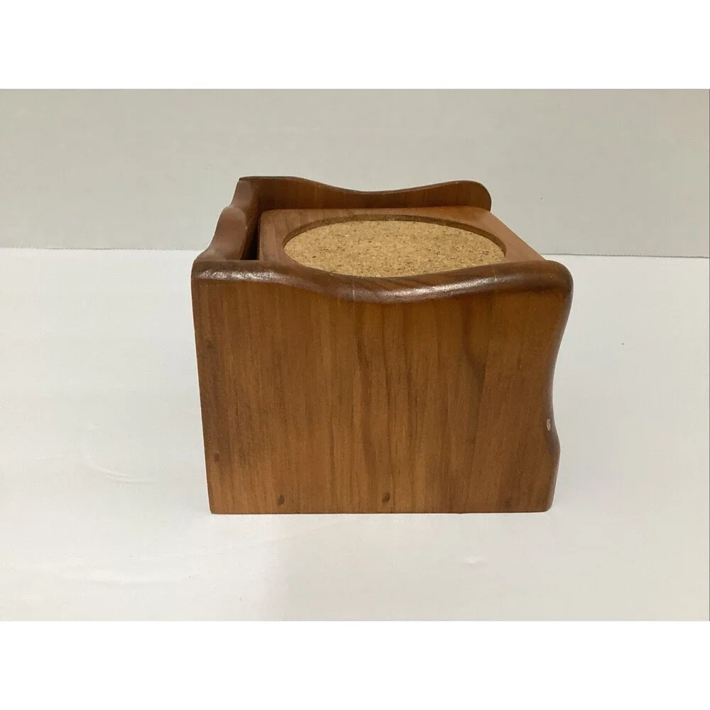 kamenstein coaster set 6 piece wooden cork w/holder MCM retro